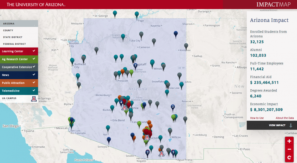 The UA Impact Map was designed to demonstrate the UA's commitment to serving all of Arizona as the state's land-grant university. The UA Impact Map was designed to demonstrate the UA's commitment to serving all of Arizona as the state's land-grant university.